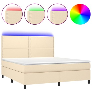 vidaXL Κρεβάτι Boxspring με Στρώμα & LED Κρεμ 160x200cm Υφασμάτινο 1 τεμ. - Διπλό