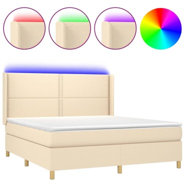 vidaXL Κρεβάτι Boxspring με Στρώμα & LED Κρεμ 160x200cm Υφασμάτινο 1 τεμ. - Διπλό