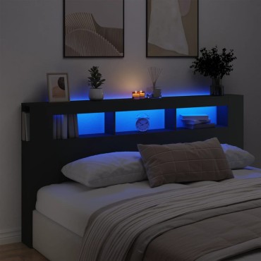 vidaXL Κεφαλάρι Κρεβατιού με LED Μαύρο 200x18,5x103,5cm Επεξεργ. Ξύλο 1 τεμ.