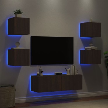 vidaXL Ντουλάπια Τηλεόρασης Τοίχου 5 τεμ. με Φώτα LED Καφέ Δρυς