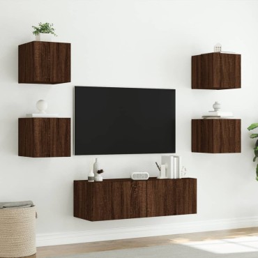 vidaXL Ντουλάπια Τηλεόρασης Τοίχου 5 τεμ. με Φώτα LED Καφέ Δρυς