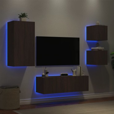 vidaXL Ντουλάπια Τηλεόρασης Τοίχου 4 τεμ. με Φώτα LED Καφέ Δρυς