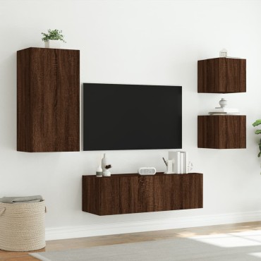 vidaXL Ντουλάπια Τηλεόρασης Τοίχου 4 τεμ. με Φώτα LED Καφέ Δρυς