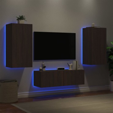 vidaXL Ντουλάπια Τηλεόρασης Τοίχου 3 τεμ. με Φώτα LED Καφέ Δρυς