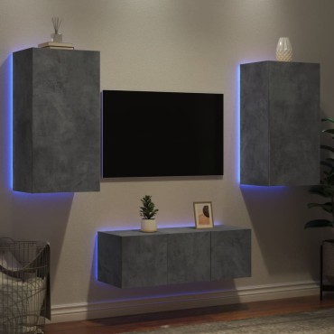 vidaXL Έπιπλα Τοίχου Τηλεόρασης 4 τεμ. LED Γκρι Σκυρ. από Επεξ. Ξύλο