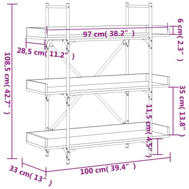 vidaXL Βιβλιοθήκη 3 Επιπέδων Μαύρη 100x33x108,5cm Επεξεργ. Ξύλο 1 τεμ.