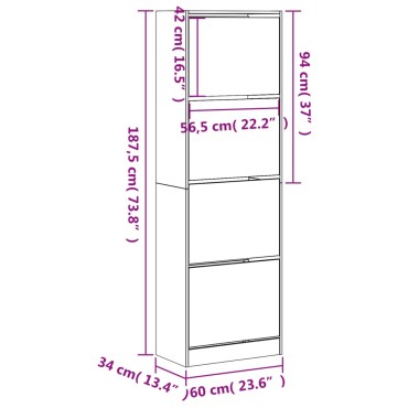 vidaXL Παπουτσοθήκη με 4 Ανακλ. Συρτάρια Γκρι Sonoma 60x34x187,5cm