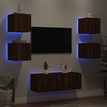 vidaXL Έπιπλα Τοίχου Τηλεόρασης 6 τεμ. LED Καφέ Δρυς από Επεξ. Ξύλο