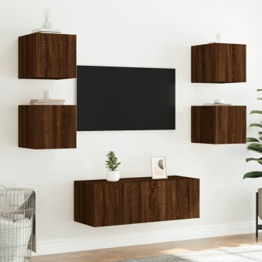 vidaXL Έπιπλα Τοίχου Τηλεόρασης 6 τεμ. LED Καφέ Δρυς από Επεξ. Ξύλο