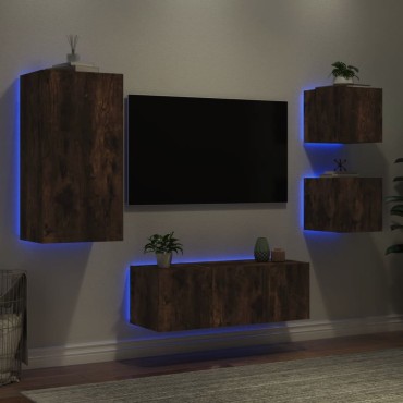 vidaXL Έπιπλα Τοίχου Τηλεόρασης 5 τεμ. LED Καπνιστή Δρυς από Επεξ. Ξύλο