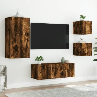 vidaXL Έπιπλα Τοίχου Τηλεόρασης 5 τεμ. LED Καπνιστή Δρυς από Επεξ. Ξύλο