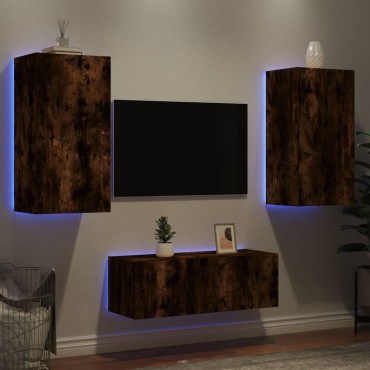 vidaXL Έπιπλα Τοίχου Τηλεόρασης 4 τεμ. LED Καπνιστή Δρυς από Επεξ. Ξύλο