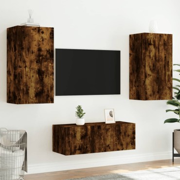 vidaXL Έπιπλα Τοίχου Τηλεόρασης 4 τεμ. LED Καπνιστή Δρυς από Επεξ. Ξύλο