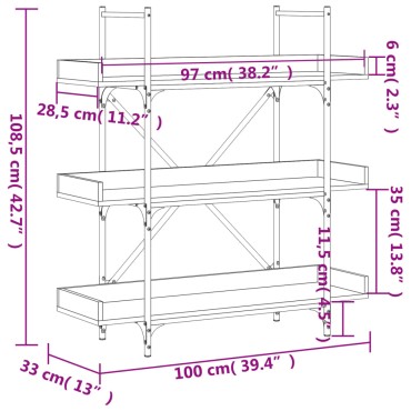 vidaXL Βιβλιοθήκη 3 Επιπέδων Γκρι Sonoma 100x33x108,5cm Επεξεργ. Ξύλο 1 τεμ.