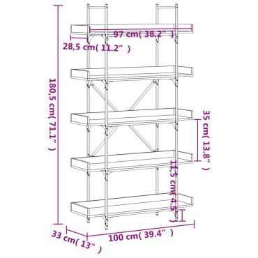 vidaXL Βιβλιοθήκη 5 Επιπέδων Καφέ Δρυς 100x33x180,5cm Επεξεργ. Ξύλο 1 τεμ.