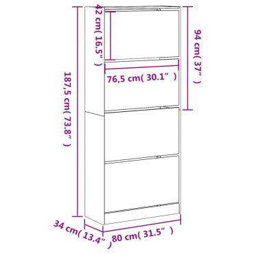 vidaXL Παπουτσοθήκη με 4 Ανακλ. Συρτάρια Sonoma Δρυς 80x34x187,5cm