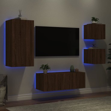 vidaXL Έπιπλα Τοίχου Τηλεόρασης 5 τεμ. LED Καφέ Δρυς από Επεξ. Ξύλο