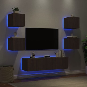 vidaXL Έπιπλα Τοίχου Τηλεόρασης 6 τεμ. LED Καφέ Δρυς από Επεξ. Ξύλο