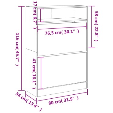 vidaXL Παπουτσοθήκη με 2 Ανακλ. Συρτάρια Sonoma Δρυς 80x34x116cm