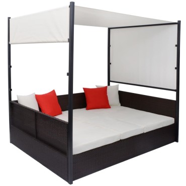 vidaXL Ξαπλώστρα - Κρεβάτι Καφέ 190x130cm Συνθετ. Ρατάν με Σκίαστρο