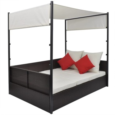 vidaXL Ξαπλώστρα - Κρεβάτι Καφέ 190x130cm Συνθετ. Ρατάν με Σκίαστρο