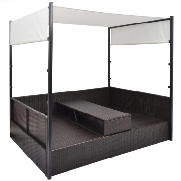 vidaXL Ξαπλώστρα - Κρεβάτι Καφέ 190x130cm Συνθετ. Ρατάν με Σκίαστρο