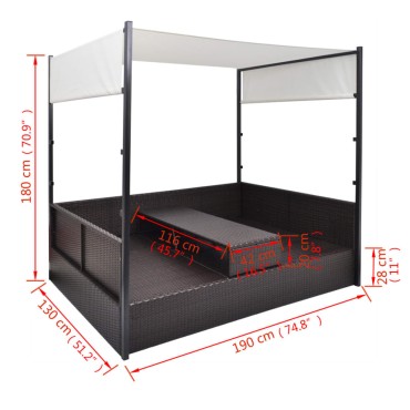 vidaXL Ξαπλώστρα - Κρεβάτι Καφέ 190x130cm Συνθετ. Ρατάν με Σκίαστρο