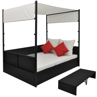 vidaXL Ξαπλώστρα - Κρεβάτι Μαύρο 190x130cm Συνθετ. Ρατάν με Σκίαστρο