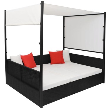 vidaXL Ξαπλώστρα - Κρεβάτι Μαύρο 190x130cm Συνθετ. Ρατάν με Σκίαστρο