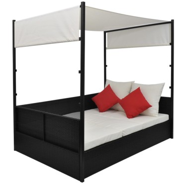 vidaXL Ξαπλώστρα - Κρεβάτι Μαύρο 190x130cm Συνθετ. Ρατάν με Σκίαστρο