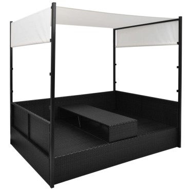 vidaXL Ξαπλώστρα - Κρεβάτι Μαύρο 190x130cm Συνθετ. Ρατάν με Σκίαστρο