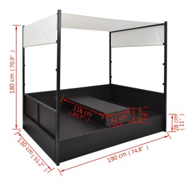 vidaXL Ξαπλώστρα - Κρεβάτι Μαύρο 190x130cm Συνθετ. Ρατάν με Σκίαστρο
