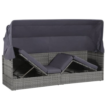 vidaXL Ξαπλώστρα - Κρεβάτι Γκρι 205x62cm Συνθετ. Ρατάν με Σκίαστρο 1 τεμ.