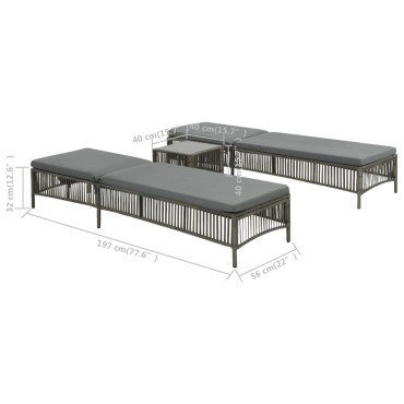 vidaXL Ξαπλώστρες 2 τεμ. Γκρι από Συνθετικό Ρατάν με Τραπέζι 40x40x40cm