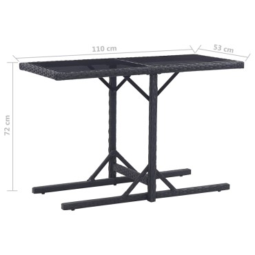 vidaXL Τραπέζι Κήπου Μαύρο 110x53x72cm Γυάλινο και Συνθετικό ρατάν 1 τεμ.