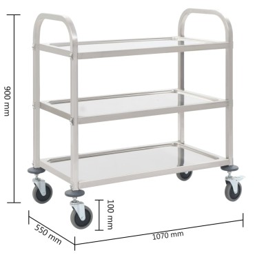 vidaXL Τρόλεϊ Κουζίνας με 3 Ράφια 96,5x55x90cm από Ανοξείδωτο Ατσάλι 1 τεμ.