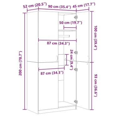 vidaXL Ντουλάπα Γκρι του Σκυροδέματος 90x52x200cm Επεξ. Ξύλο 1 τεμ.