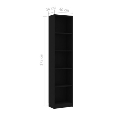 vidaXL Βιβλιοθήκη με 5 Ράφια Μαύρη 40x24x175cm από Επεξ. Ξύλο 1 τεμ.