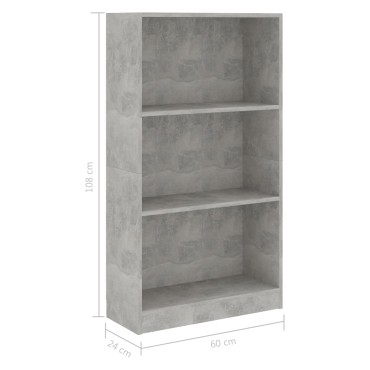vidaXL Βιβλιοθήκη με 3 Ράφια Γκρι Σκυροδ. 60x24x109cm Επεξεργ. Ξύλο 1 τεμ.