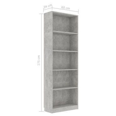 vidaXL Βιβλιοθήκη με 5 Ράφια Γκρι Σκυροδέμ. 60x24x175cm Επεξ. Ξύλο 1 τεμ.