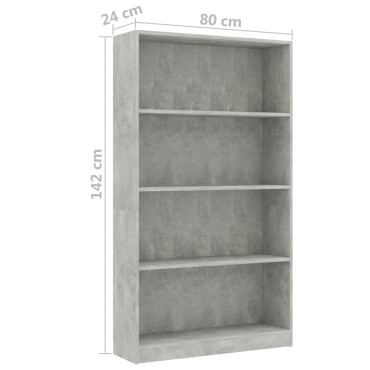 vidaXL Βιβλιοθήκη με 4 Ράφια Γκρι Σκυροδέμ. 80x24x142cm Επεξ. Ξύλο 1 τεμ.