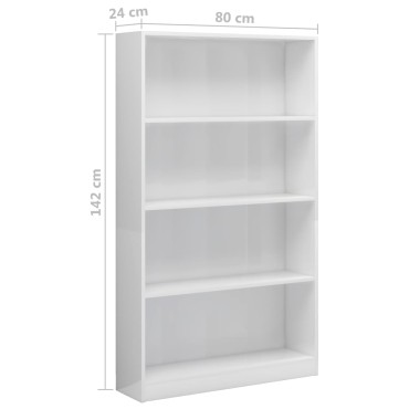 vidaXL Βιβλιοθήκη με 4 Ράφια Γυαλιστερό Λευκό 80x24x142cm Επεξ. Ξύλο 1 τεμ.