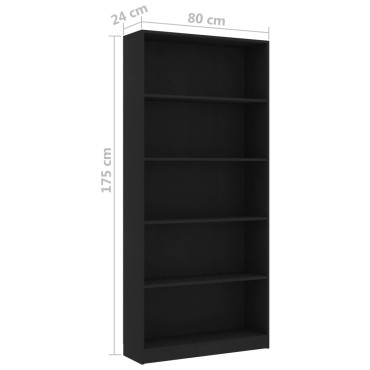 vidaXL Βιβλιοθήκη με 5 Ράφια Μαύρη 80x24x175cm από Επεξ. Ξύλο 1 τεμ.