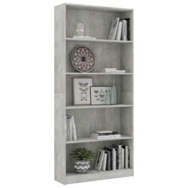 vidaXL Βιβλιοθήκη 5 Ράφια Γκρι Σκυροδέματος 80x24x175cm Επεξ. Ξύλο 1 τεμ.