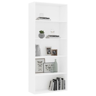 vidaXL Βιβλιοθήκη με 5 Ράφια Λευκή 80x30x189cm Επεξ. Ξύλο 1 τεμ.