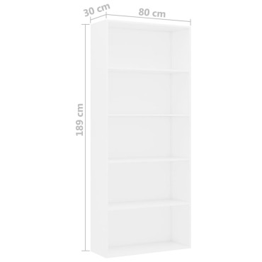 vidaXL Βιβλιοθήκη με 5 Ράφια Λευκή 80x30x189cm Επεξ. Ξύλο 1 τεμ.