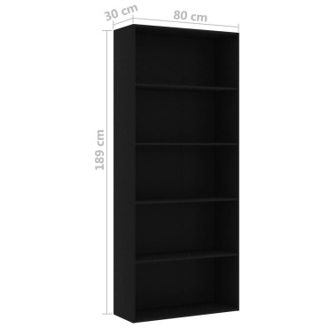 vidaXL Βιβλιοθήκη με 5 Ράφια Μαύρη 80x30x189cm Επεξ. Ξύλο 1 τεμ.
