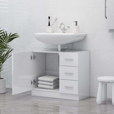 vidaXL Ντουλάπι Νιπτήρα Γυαλιστερό Λευκό 63x30x54cm Επεξ. Ξύλο 1 τεμ.