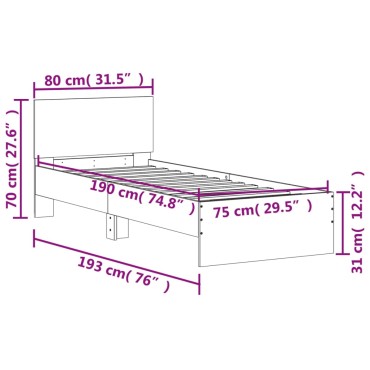 vidaXL Πλαίσιο Κρεβατιού με Κεφαλάρι Μαύρο 75x190 εκ. Επεξ. Ξύλο
