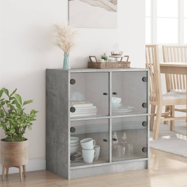 vidaXL Βοηθητικό Ντουλάπι Γκρι Σκυροδ. 68x37x75,5cm Γυάλινες Πόρτες 1 τεμ.